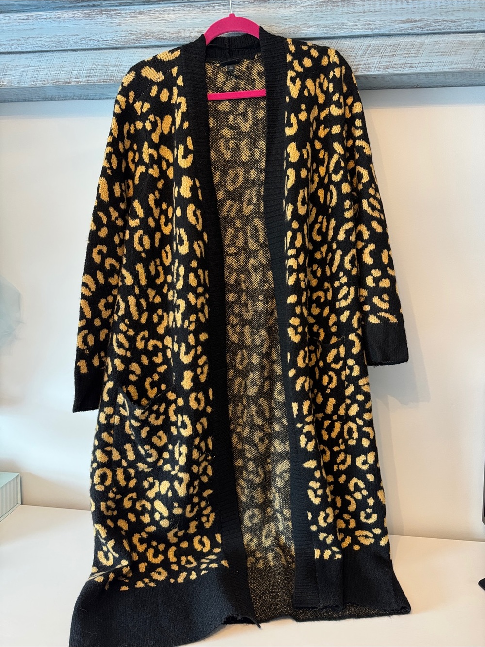 Black & Gold Leopard Open-Front Long Cardigan Sweater